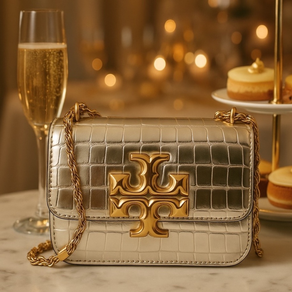 NEW Tory Burch Eleanor Gold Embossed Leather Small Convertible Shoulder Bag AUTH
